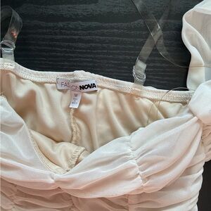 Fashion Nova Ivory Mesh Ruched Dress